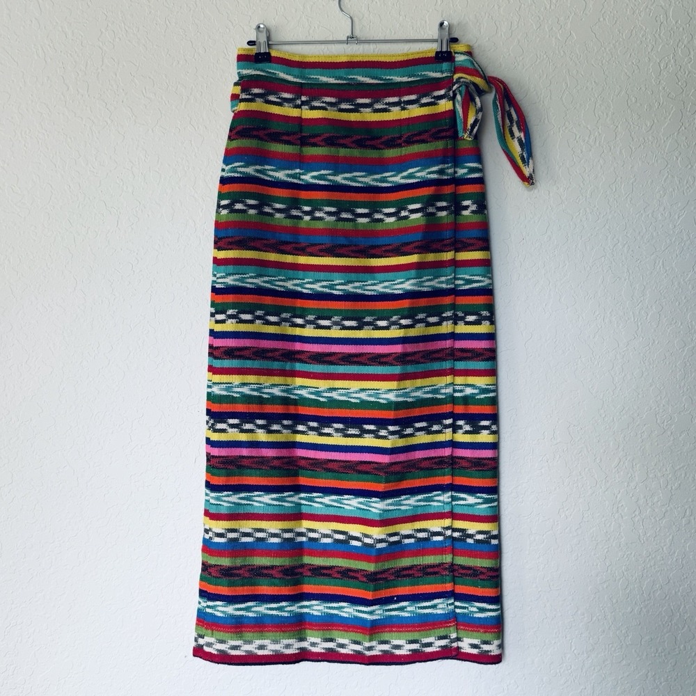 Vintage Guatemalan Textile Wrap Skirt Boho Hippie Hand Woven Size Small Rainbow